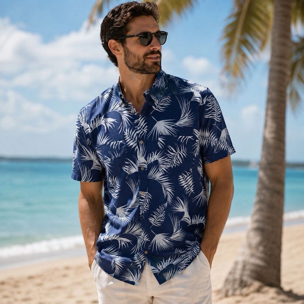 Chaps Shirt Men Large Coastal Wash CHAMBRAY Tropical Palm Trees AOP Breezy